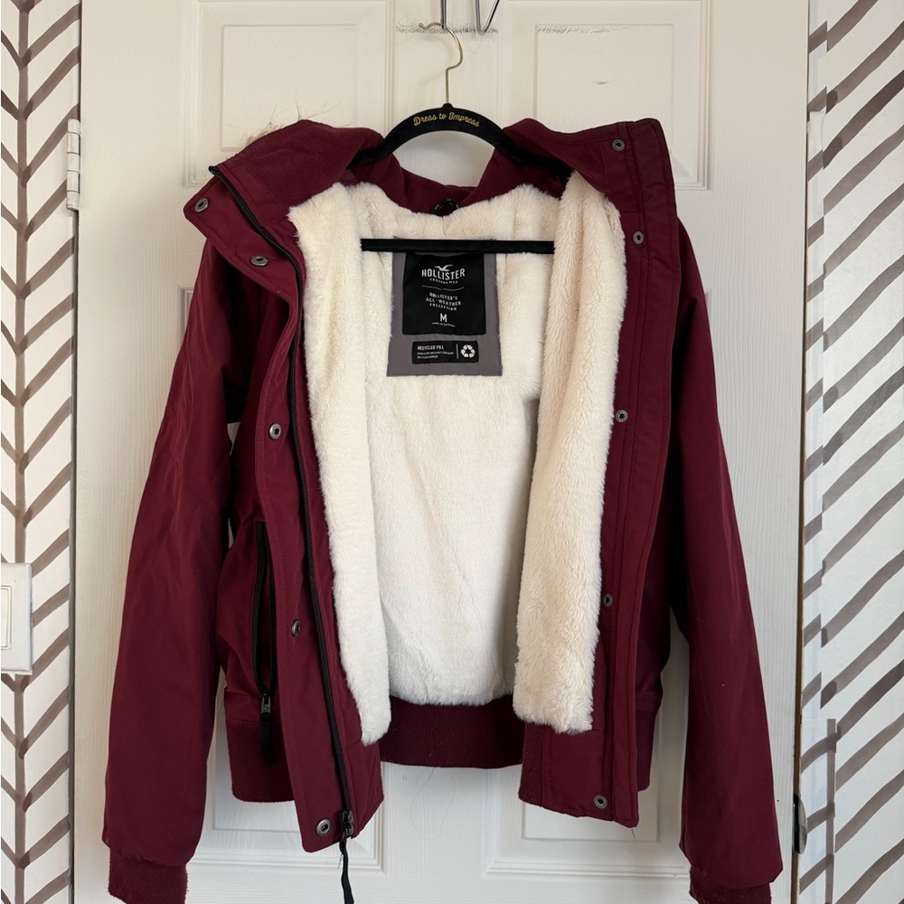 Hollister Burgundy Bomber Jacket with Faux Fur